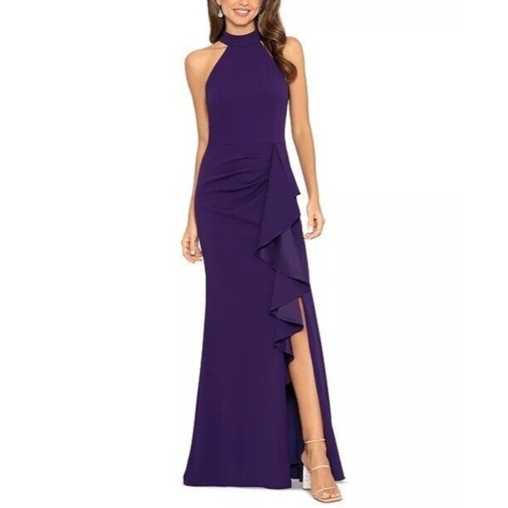 Betsy & Adam High Neck Ruffle Slit Navy Blue Gown Women’s 10 NWT